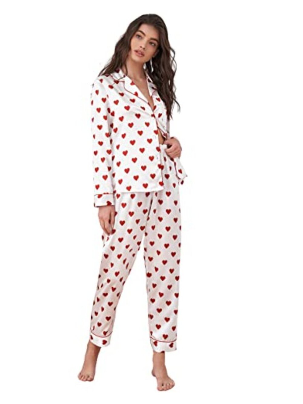 Heart Print Lapel Collar Button Long Sleeve Satin Pajama Set